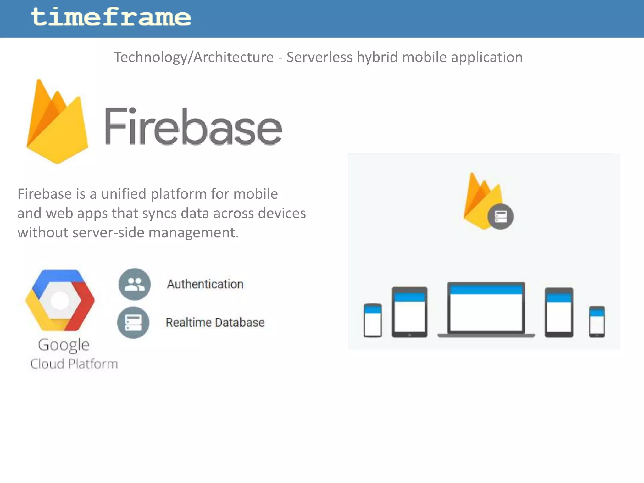 Firebase is a unified platform for mobile
and web apps that syncs data across devices
without server-side management.
Technology/Architecture - Serverless hybrid mobile application
 
