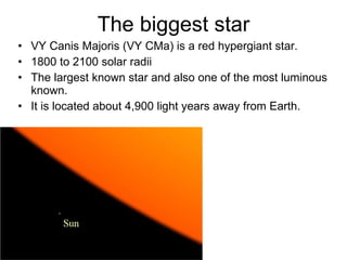 The biggest star VY Canis Majoris (VY CMa) is a red hypergiant star.  1800 to 2100 solar radii  The largest known star and also one of the most luminous known.  It is located about 4,900 light years away from Earth. 