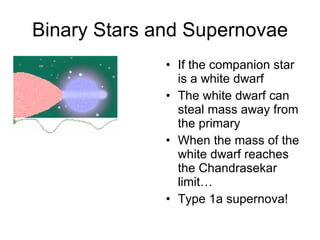 Binary Stars and Supernovae If the companion star is a white dwarf The white dwarf can steal mass away from the primary When the mass of the white dwarf reaches the Chandrasekar limit… Type 1a supernova! 