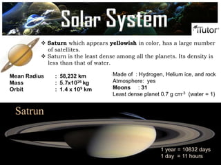  Saturn which appears yellowish in color, has a large number
of satellites.
 Saturn is the least dense among all the planets. Its density is
less than that of water.
Satrun
1 year = 10832 days
1 day = 11 hours
Mean Radius : 58,232 km
Mass : 5.7x1026 kg
Orbit : 1.4 x 109 km
Made of : Hydrogen, Helium ice, and rock
Atmosphere: yes
Moons : 31
Least dense planet 0.7 g cm-3 (water = 1)
Solar System
 