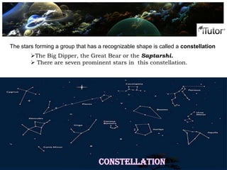 The stars forming a group that has a recognizable shape is called a constellation
The Big Dipper, the Great Bear or the Saptarshi.
 There are seven prominent stars in this constellation.
constellation
 
