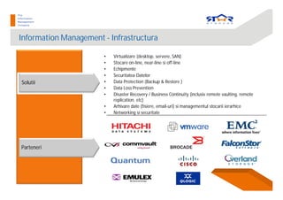 Information Management - Infrastructura
Solutii
Parteneri
• Virtualizare (desktop, servere, SAN)
• Stocare on-line, near-line si off-line
• Echipmente
• Securitatea Datelor
• Data Protection (Backup & Restore )
• Data Loss Prevention
• Disaster Recovery / Business Continuity (inclusiv remote vaulting, remote
replication, etc)
• Arhivare date (fisiere, email-uri) si managementul stocarii ierarhice
• Networking si securitate
 