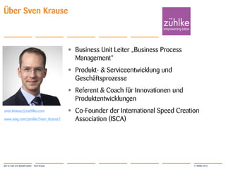 © Zühlke 2013
Über Sven Krause
Star-to-road und SpeedCreation - Sven Krause
sven.krause@zuehlke.com
www.xing.com/profile/Sven_Krause2
 Business Unit Leiter „Business Process
Management“
 Produkt- & Serviceentwicklung und
Geschäftsprozesse
 Referent & Coach für Innovationen und
Produktentwicklungen
 Co-Founder der International Speed Creation
Association (ISCA)
 