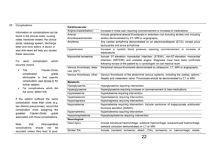 ! 
TARSurgUK@gmail.com2 
2www.STARSurg.org2 
22 
25 Complications 
Information on complications can be 
found in the clinical notes, nursing 
notes, handover sheets, the clinical 
portal, radiology system, discharge 
letter and clinic letters. A doctor in 
your mini-team will help you access 
these resources. 
For each complication which 
occured, record: 
! The Clavien-Dindo 
complication grade 
attributable to that specific 
complication (see Annex E for 
further details). 
! For complications which did 
not occur, select N/A. 
If the patient suffered the same 
complication more than once (e.g. 
two distinct pneumonias), record the 
complication once, assigning the 
greatest Clavien-Dindo grade 
associated with those complications. 
Note that intra-operative 
complications should not be 
recorded unless they lead to post- 
!. 
Cardiovascular 
Angina (exacerbation) Increase in chest pain requiring commencement or increase of medications. 
Arterial 
thrombosis/embolism 
Include peripheral arterial thrombosis or embolism (not including stroke) (not including 
stroke) demonstrated by CT, MRI or angiography. 
Arrythmia Any cardiac arrhythmia demonstrated on an electrocardiogram (ECG), except sinus 
tachycardia and sinus arrhythmia. 
Hypertension Increase in systolic blood pressure requiring commencement or increase of 
medications. 
Myocardial ischaemia Include ST-elevation myocardial infarction (STEMI), non-ST-elevation myocardial 
infarction (NSTEMI) and unstable angina. Diagnosis must have been confirmed 
following review of the patient by a cardiologist/ on-call medical team. 
Venous thrombosis, deep 
vein (DVT) 
Peripheral venous thrombosis demonstrated by ultrasound, CT, MRI or angiography. 
Venous thrombosis, other Venous thrombosis of the abdominal venous systems, including the coeliac, splenic, 
hepatic and mesenteric veins. Thrombosis should be demonstrated by CT or MRI. 
Metabolic 
Hypoglycaemia Hypoglycaemia requiring intervention. 
Hyperglycaemia Hyperglycaemia requiring increase or commencement of new medications. 
Hypokalaemia Hypokalaemia requiring intervention. 
Hyperkalaemia Hyperkalaemia requiring intervention. 
Hypomagnesia Hypomagnesia requiring intervention. 
Hyponatremia Hyponatremia requiring intervention. Include syndrome of inappropriate antidiuretic 
hormone secretion (SIADH). 
Hypernatremia Hypernatremia requiring intervention. 
Hypophosphatemia Hypophosphatemia requiring intervention. 
Neurological 
Head injury Include extradural haemorrhage, subdural haemorrhage, subarachnoid haemorrhage, 
cerebral contusion demonstrated on CT or MRI. 
Stroke/ TIA Include transient ischaemic attack (TIA), ischaemic or haemorrhagic stroke. 
 