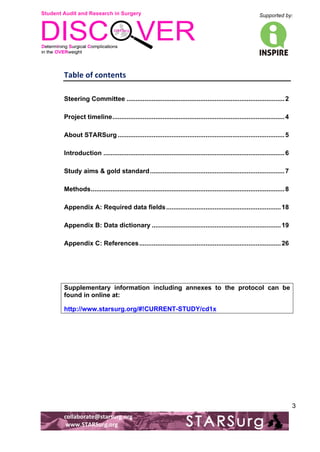 Student Audit and Research in Surgery 
Supported by: 
!.! 
! 
! 
collaborate@starsurg.org! 
!www.STARSurg.org! 
3 
Table!of!contents! 
! 
Steering Committee ........................................................................................ 2 
Project timeline ................................................................................................ 4 
About STARSurg ............................................................................................. 5 
Introduction ..................................................................................................... 6 
Study aims & gold standard ........................................................................... 7 
Methods ............................................................................................................ 8 
Appendix A: Required data fields ................................................................ 18 
Appendix B: Data dictionary ........................................................................ 19 
Appendix C: References ............................................................................... 26! 
Supplementary information including annexes to the protocol can be 
found in online at: 
http://www.starsurg.org/#!CURRENT-STUDY/cd1x ! 
 