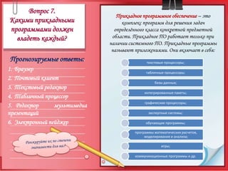 Вопрос 7.Какими прикладными программами должен владеть каждый?Прикладное программное обеспечение – это комплекс программ для решения задач определённого класса конкретной предметной области. Прикладное ПО работает только при наличии системного ПО. Прикладные программы называют приложениями. Они включает в себя: Прогнозируемые ответы:БраузерПочтовый клиентТекстовый редакторТабличный процессор Редактор мультимедиа презентацийЭлектронный пейджерРанжируйте их по степени значимости для вас?