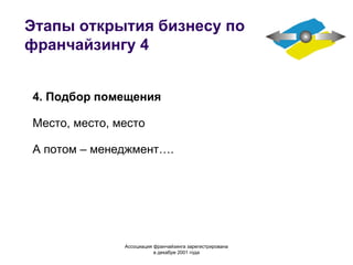 Этапы открытия бизнесу по франчайзингу 4 4. Подбор помещения Место, место, место А потом – менеджмент…. Ассоциация  франчайзинга  зарегистрирована в декабре 2001 года 