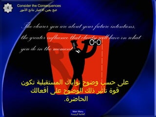 Consider the Consequences
4    ‫ضع بعين العتبار نتائج المور‬



      The clearer you are about your future intentions,
      the greater influence that clarity will have on what
      you do in the moment.


      ‫على حسب وضوح نواياك المستقبلية تكون‬
        ‫قوة تأثير ذلك الوضوح على أفعالك‬
                      .‫الحاضرة‬
                                    Main Menu
                                   ‫القائمة الرئيسة‬
 