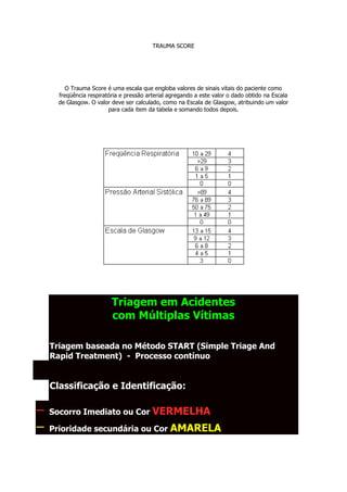 TRAUMA SCORE




        O Trauma Score é uma escala que engloba valores de sinais vitais do paciente como
     freqüência respiratória e pressão arterial agregando a este valor o dado obtido na Escala
     de Glasgow. O valor deve ser calculado, como na Escala de Glasgow, atribuindo um valor
                        para cada item da tabela e somando todos depois.




                         Triagem em Acidentes
                         com Múltiplas Vítimas

    Triagem baseada no Método START (Simple Triage And
    Rapid Treatment) - Processo contínuo


    Classificação e Identificação:

–   Socorro Imediato ou Cor VERMELHA

–   Prioridade secundária ou Cor AMARELA
 