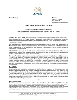 PRESS RELEASE                                                                            CONTACT
                                                                                         Sandra K. Collins
                                                                                         703.709.3477
                                                                                         sandi@apexcovantage.com

                                “A MILE FOR A SMILE” WALKATHON

                           Apex Sponsors 1st Apex Children’s Walkathon
                 Apex Foundation to donate over $30,000 as part of “A Mile for a Smile”



Herndon, VA - Nov 8, 2004 – Apex CoVantage, a leading provider of global BPO services, announced
today that is sponsoring the 1st Apex Children's Walkathon, “A Mile for a Smile.“ As part of the Walkathon,
the Apex Foundation will donate over $30,000 to fund a new school for ASHA, the Academy for Severe
Handicaps and Autism.
The Mile for a Smile Walkathon will be held in Hyderabad, India on Nov 14, 2004. Over one thousand of
Apex’s US and Indian employees will participate in this unique event that coincides with Children’s Day in
India. The Walkathon will be flagged off by chief guest Mr. Vinod Gaddam, Hon’ble Minister for Labor &
Employment, Andhra Pradesh.
“The Walkathon is a way for Apex to show our commitment to making a difference in the lives of
disadvantaged children. The Apex foundation is honored to be able to help fund ASHA’s new school
building.” said Dr. Shashikant Gupta, Apex’s President.
The Apex Foundation supports numerous non-profit organizations in the U.S., India and Cambodia. In
October, 2004, the Apex Foundation was an Onyx sponsor of the Jimmy Carter Work Project 2004, a
major Habitat for Humanity building project. As an Onyx sponsor, Apex contributed $50,000 to build two
houses in Puebla, Mexico. In addition to the company’s financial contribution, Apex’s United States
employees and co-founders participated in the project by traveling to Mexico and volunteering their time
and labor to build the two houses. Apex hopes to extend this tradition of individual employee participation
to Hyderabad.
About ASHA
Jayashree Ramesh has worked wonders since she founded the Academy for Severe Handicaps and
Autism (ASHA) in Bangalore, India in 1995. ASHA was recognized as the 'Best Day Care Center' 2003-04
by National Trust, Ministry of Social Justice and Empowerment, Government of India. Currently, 50
children from the ages of 3 to 20 undergo training at the ASHA day school. In addition to Jayashree
Ramesh, thirteen special educators and sixteen teacher assistants work with the children everyday.
ASHA has recently begun construction on a new school building that will enable ASHA to serve the needs
of 70 autistic and handicapped children.
                                                           ###
About Apex CoVantage
Apex CoVantage (www.apexcovantage.com) is a US-owned provider of Business Process Outsourcing (BPO) services. The
company opened its first BPO service center in 1988 and subsequently pioneered the market for offshore services. Today,
Apex CoVantage offers a full suite of Teleservices, ePublishing, Engineering and Back-Office solutions from a global
network of service centers. The company’s clients include many of the largest, fastest growing and most admired companies
in the United States, Europe and Australasia, and in every industry and every service area, these clients are realizing
break-through business results in partnership with Apex CoVantage.


                        Apex CoVantage • 198 Van Buren Street, Suite 120 • Herndon, Virginia 20170
                  p: 703.709.3000 • f: 703.709.0333 • info@apexcovantage.com • www.apexcovantage.com
 