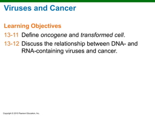 Viruses and Cancer

Learning Objectives
13-11 Define oncogene and transformed cell.
13-12 Discuss the relationship between DNA- and
      RNA-containing viruses and cancer.




Copyright © 2010 Pearson Education, Inc.
 