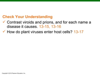 Check Your Understanding
 Contrast viroids and prions, and for each name a
  disease it causes. 13-15, 13-16
 How do plant viruses enter host cells? 13-17




Copyright © 2010 Pearson Education, Inc.
 