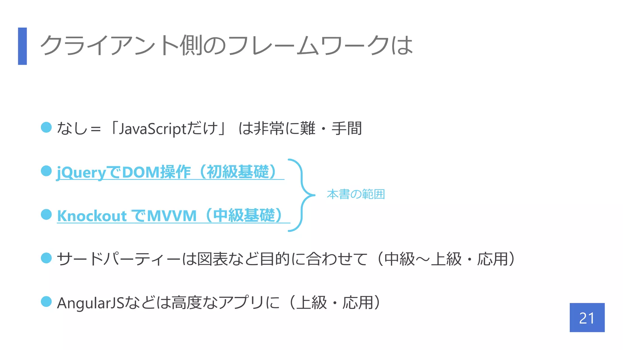 クライアント側のフレームワークは
 なし＝「JavaScriptだけ」 は非常に難・手間
 jQueryでDOM操作（初級基礎）
 Knockout でMVVM（中級基礎）
 サードパーティーは図表など目的に合わせて（中級～上級・応用）
 AngularJSなどは高度なアプリに（上級・応用）
21
本書の範囲
 