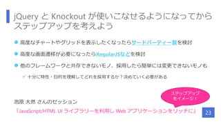 jQuery と Knockout が使いこなせるようになってから
ステップアップを考えよう
 高度なチャートやグリッドを表示したくなったらサードパーティー製を検討
 高度な画面遷移が必要になったらAngularJSなどを検討
 他のフレームワークと共存できないモノ、採用したら簡単には変更できないモノも
 十分に特性・目的を理解してどれを採用するか？決めていく必要がある
池原 大然 さんのセッション
「JavaScript/HTML UI ライブラリーを利用し Web アプリケーションをリッチに」 23
ステップアップ
をイメージ！
 