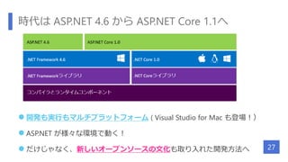 時代は ASP.NET 4.6 から ASP.NET Core 1.1へ
 開発も実行もマルチプラットフォーム ( Visual Studio for Mac も登場！）
 ASP.NET が様々な環境で動く！
 だけじゃなく、新しいオープンソースの文化も取り入れた開発方法へ 27
 