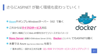さらにASP.NET が動く環境も変わっていく！
 AzureやオンプレWindowsサーバー（IIS）で動く
 これからはマイクロサービス対応
 細かい機能ごとにWeb API群を分けてリリースするイメージ
 Nano Server (超最小のWindows Server 2016)、Docker (コンテナ) でもASP.NETは動く
 本書では Azure App Service (Web Site) を扱う
 基本は同じ・設計は工夫が必要（近い将来 マイクロサービスへステップアップ！）
31
 