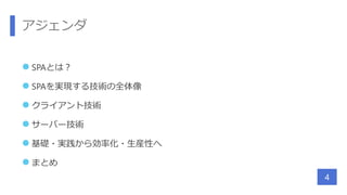 アジェンダ
 SPAとは？
 SPAを実現する技術の全体像
 クライアント技術
 サーバー技術
 基礎・実践から効率化・生産性へ
 まとめ
4
 