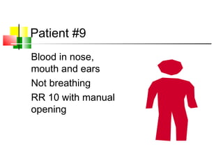Patient #9
Blood in nose,
mouth and ears
Not breathing
RR 10 with manual
opening
 