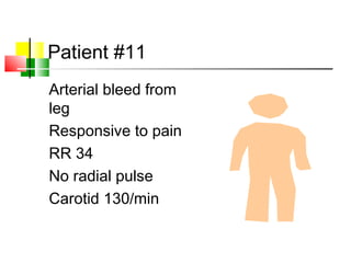Patient #11
Arterial bleed from
leg
Responsive to pain
RR 34
No radial pulse
Carotid 130/min
 