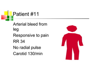 Patient #11
Arterial bleed from
leg
Responsive to pain
RR 34
No radial pulse
Carotid 130/min
 
