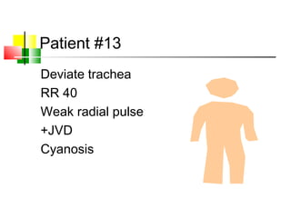 Patient #13
Deviate trachea
RR 40
Weak radial pulse
+JVD
Cyanosis
 