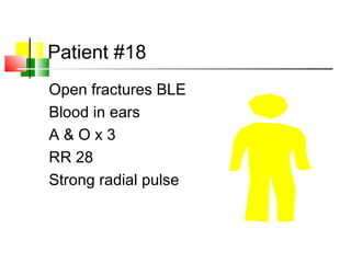 Patient #18
Open fractures BLE
Blood in ears
A & O x 3
RR 28
Strong radial pulse
 
