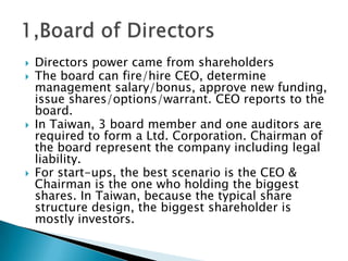  Directors power came from shareholders
 The board can fire/hire CEO, determine
management salary/bonus, approve new funding,
issue shares/options/warrant. CEO reports to the
board.
 In Taiwan, 3 board member and one auditors are
required to form a Ltd. Corporation. Chairman of
the board represent the company including legal
liability.
 For start-ups, the best scenario is the CEO &
Chairman is the one who holding the biggest
shares. In Taiwan, because the typical share
structure design, the biggest shareholder is
mostly investors.
 