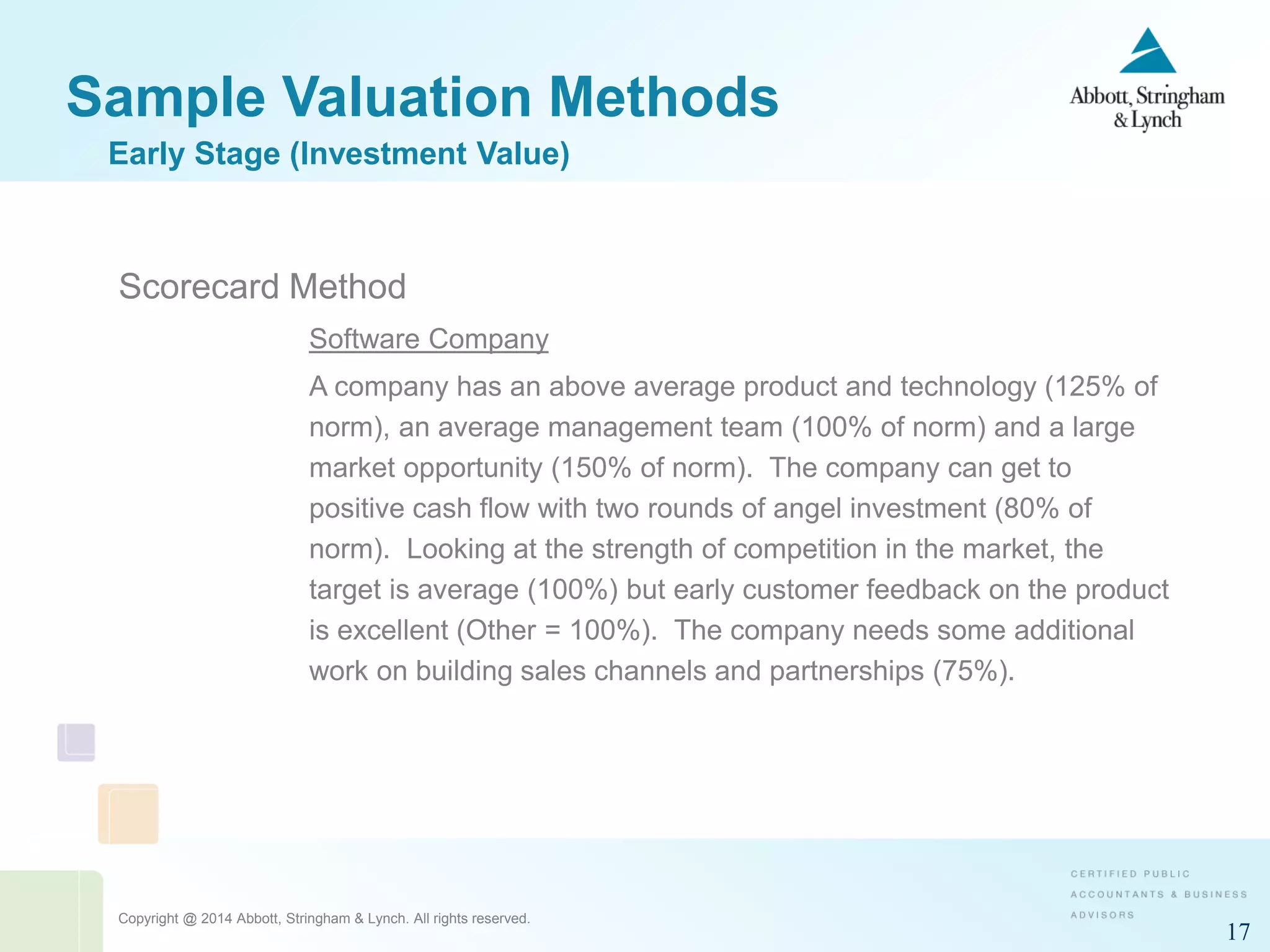 Copyright @ 2014 Abbott, Stringham & Lynch. All rights reserved.
17
Sample Valuation Methods
Scorecard Method
Software Company
A company has an above average product and technology (125% of
norm), an average management team (100% of norm) and a large
market opportunity (150% of norm). The company can get to
positive cash flow with two rounds of angel investment (80% of
norm). Looking at the strength of competition in the market, the
target is average (100%) but early customer feedback on the product
is excellent (Other = 100%). The company needs some additional
work on building sales channels and partnerships (75%).
Early Stage (Investment Value)
 