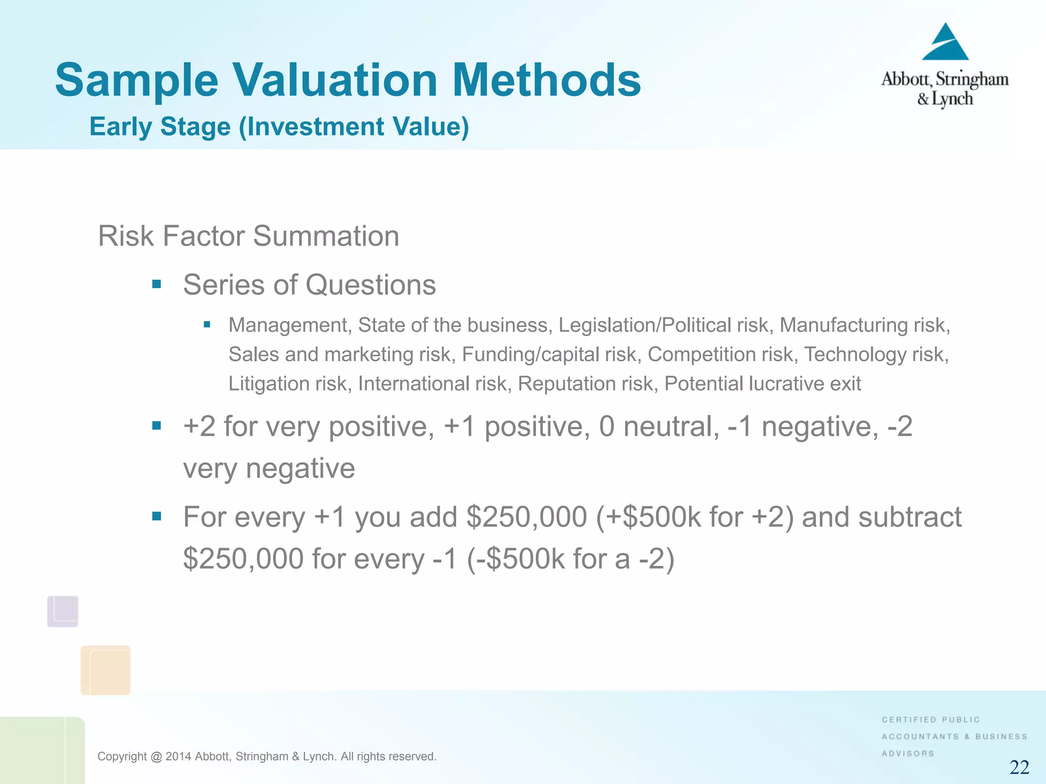 Copyright @ 2014 Abbott, Stringham & Lynch. All rights reserved.
22
Sample Valuation Methods
Risk Factor Summation
 Series of Questions
 Management, State of the business, Legislation/Political risk, Manufacturing risk,
Sales and marketing risk, Funding/capital risk, Competition risk, Technology risk,
Litigation risk, International risk, Reputation risk, Potential lucrative exit
 +2 for very positive, +1 positive, 0 neutral, -1 negative, -2
very negative
 For every +1 you add $250,000 (+$500k for +2) and subtract
$250,000 for every -1 (-$500k for a -2)
Early Stage (Investment Value)
 