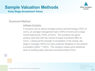 Copyright @ 2014 Abbott, Stringham & Lynch. All rights reserved.
17
Sample Valuation Methods
Scorecard Method
Software Company
A company has an above average product and technology (125% of
norm), an average management team (100% of norm) and a large
market opportunity (150% of norm). The company can get to
positive cash flow with two rounds of angel investment (80% of
norm). Looking at the strength of competition in the market, the
target is average (100%) but early customer feedback on the product
is excellent (Other = 100%). The company needs some additional
work on building sales channels and partnerships (75%).
Early Stage (Investment Value)
 