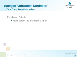 Copyright @ 2014 Abbott, Stringham & Lynch. All rights reserved.
21
Sample Valuation Methods
People and Patents
 Each patent and engineers is ~$1M
Early Stage (Investment Value)
 