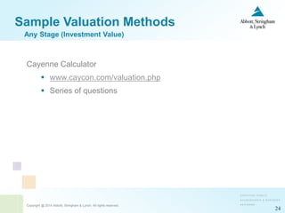 Copyright @ 2014 Abbott, Stringham & Lynch. All rights reserved.
24
Sample Valuation Methods
Cayenne Calculator
 www.caycon.com/valuation.php
 Series of questions
Any Stage (Investment Value)
 