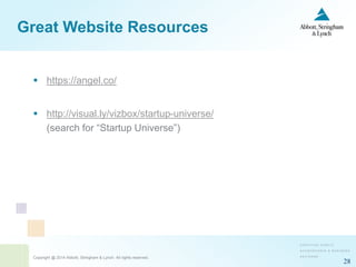 Copyright @ 2014 Abbott, Stringham & Lynch. All rights reserved.
28
Great Website Resources
 https://angel.co/
 http://visual.ly/vizbox/startup-universe/
(search for “Startup Universe”)
 