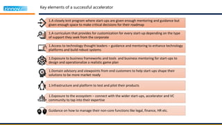 Key elements of a successful accelerator
1.A closely knit program where start-ups are given enough mentoring and guidance but
given enough space to make critical decisions for their roadmap
1.A curriculum that provides for customization for every start-up depending on the type
of support they seek from the corporate
1.Access to technology thought leaders – guidance and mentoring to enhance technology
platforms and build robust systems
1.Exposure to business frameworks and tools and business mentoring for start-ups to
design and operationalize a realistic game plan
1.Domain advisory and viewpoints from end customers to help start-ups shape their
solutions to be more market ready
1.Infrastructure and platform to test and pilot their products
1.Exposure to the ecosystem – connect with the wider start-ups, accelerator and VC
community to tap into their expertise
Guidance on how to manage their non-core functions like legal, finance, HR etc.
 