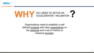 DO I NEED TO SETUP AN
ACCELERATOR / INCUBATORWHY
Organizations need to establish a well
defined purpose with clear expectations on
the outcome and a set of metrics to
measure success.
?
8
 