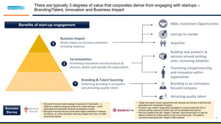 9
There are typically 3 degrees of value that corporates derive from engaging with startups –
Branding/Talent, Innovation and Business Impact
Business Impact
Direct impact on business outcomes
including revenues
Co-Innovation
Promoting innovation around products &
services, within and outside the organization
Branding & Talent Sourcing
Enhancing branding in ecosystem
and attracting quality talent
M&A, Investment Opportunities
Joint go-to-market
Acquihire
Building new products &
services around existing
ones, increasing adoption
Promoting intrapreneurship
and innovation within
organization
Branding as an innovation-
focused company
Attracting quality talent
1
2
3
Success
Stories
• Microsoft Ventures made strategic investment in SkyGiraffe – a
platform to extend enterprise systems to mobile devices – which
graduated from Microsoft Ventures Accelerator in Israel
• Microsoft Ventures has also done seed stage investment in startups
like Ranku, an online education discovery engine and Zula, a mobile
productivity startup
• Target has signed vendor agreements with startups like Konotor & MuHive that
graduated from Accelerator Program
• Konotor’s app. allows Target store managers to communicate with HQ on
product queries, pictures of stock outs can be uploaded and sent etc.
• MuHive’s platform fits with Target’s “Express” store format which is used as
delivery centers for orders placed on the e-commerce site. The platform
connects social feeds with Target’s CRM software
Benefits of start-up engagement
 