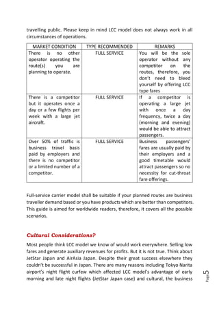 Page5
travelling public. Please keep in mind LCC model does not always work in all
circumstances of operations.
MARKET CONDITION TYPE RECOMMENDED REMARKS
There is no other
operator operating the
route(s) you are
planning to operate.
FULL SERVICE You will be the sole
operator without any
competitor on the
routes, therefore, you
don’t need to bleed
yourself by offering LCC
type fares
There is a competitor
but it operates once a
day or a few flights per
week with a large jet
aircraft.
FULL SERVICE If a competitor is
operating a large jet
with once a day
frequency, twice a day
(morning and evening)
would be able to attract
passengers.
Over 50% of traffic is
business travel basis
paid by employers and
there is no competitor
or a limited number of a
competitor.
FULL SERVICE Business passengers’
fares are usually paid by
their employers and a
good timetable would
attract passengers so no
necessity for cut-throat
fare offerings.
Full-service carrier model shall be suitable if your planned routes are business
traveller demand based or you have products which are better than competitors.
This guide is aimed for worldwide readers, therefore, it covers all the possible
scenarios.
Cultural Considerations?
Most people think LCC model we know of would work everywhere. Selling low
fares and generate auxiliary revenues for profits. But it is not true. Think about
JetStar Japan and AirAsia Japan. Despite their great success elsewhere they
couldn’t be successful in Japan. There are many reasons including Tokyo Narita
airport’s night flight curfew which affected LCC model’s advantage of early
morning and late night flights (JetStar Japan case) and cultural, the business
 