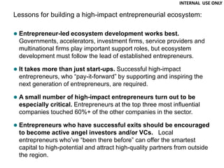 INTERNAL USE ONLY

Lessons for building a high-impact entrepreneurial ecosystem:

 Entrepreneur-led ecosystem development works best.
 Governments, accelerators, investment firms, service providers and
 multinational firms play important support roles, but ecosystem
 development must follow the lead of established entrepreneurs.

 It takes more than just start-ups. Successful high-impact
 entrepreneurs, who “pay-it-forward” by supporting and inspiring the
 next generation of entrepreneurs, are required.

 A small number of high-impact entrepreneurs turn out to be
 especially critical. Entrepreneurs at the top three most influential
 companies touched 60%+ of the other companies in the sector.

 Entrepreneurs who have successful exits should be encouraged
 to become active angel investors and/or VCs. Local
 entrepreneurs who’ve “been there before” can offer the smartest
 capital to high-potential and attract high-quality partners from outside
 the region.
 
