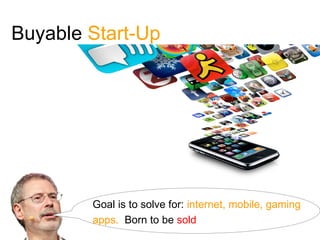 Buyable Start-Up




        Goal is to solve for: internet, mobile, gaming
        apps. Born to be sold
 
