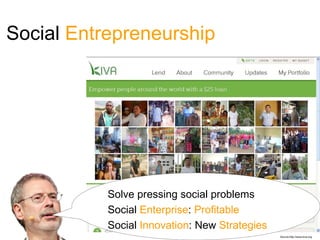 Social Entrepreneurship




           Solve pressing social problems
           Social Enterprise: Profitable
           Social Innovation: New Strategies
                                               Source:http://www.kiva.org
 