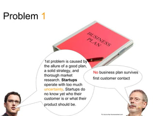 Problem 1



        1st problem is caused by
        the allure of a good plan,
        a solid strategy, and        No business plan survives
        thorough market
        research. Startups           first customer contact
        operate with too much
        uncertainty. Startups do
        no know yet who their
        customer is or what their
        product should be.

                                          Pic Source:http://businesswheel.com/
 