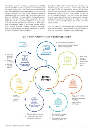 7ISRAEL’S FINTECH INDUSTRY REPORT
Figure 2: Israel’s Fintech Success: Self-Sustaining Ecosystem
Although the government incentives program for financial R&D
centers ended this year, the government continues to support
the sector in other ways. The most important initiatives that
have been promoted by the government are the Fintech-Cyber
(FinSec) innovation lab in Be’er Sheva, the Fintech regulatory
sandbox for start-ups, and the open banking standards. Led
by the Israeli Ministry of Finance (MoF), the Israel Innovation
Authority, and the National Cyber Directorate, the new
FinSec lab aims to accelerate Israeli Fintech and cyber start-
ups and stimulate international investments in those fields.
With a government budget of $15 million, this lab aims to
bring together start-ups, financial institutions, regulators,
technological vendors and academic institutions to develop
and test new secured Fintech products.
Similarly, the MoF and the Israeli Securities Authority are
establishing a regulatory sandbox for Fintech start-ups that will
allow them to test their technologies, services and business
models on the Israeli market, with minimal legal requirements
and without having to undergo a full licensing process. To
further increase competitivity in the Israeli market, the Bank of
Israel, in partnership with the MoF, is also establishing open
banking standards that will allow Fintech companies to obtain
access to bank data, and thereby be able to offer services to
local customers.
The combination of the aforementioned Israeli technological
strengths has created a self-sustainable Fintech ecosystem in
Israel that is becoming increasingly recognized globally.
Experienced
Entrepreneurs
Israeli
Fintech
•	 Second-time entrepreneurs
•	 Experience with global financial
market and corporates
•	 Serve as a testing ground
•	 Collaborating with, and
investing in, start-ups
•	 Distributing knowledge
and best practices
•	 Collaborating with, and
investing in, start-ups
•	 Serve as
a testing
ground
•	 Sharing
knowledge
•	 Mobility
within the
sector
•	 Offering
mentoring
•	 Providing
capital
•	 Regulatory sandbox
•	 Innovation programs
for MNCs
•	 Open banking
standards
•	 Developing
strong
underlying
technologies
•	 Nurtured
talentIDF Veterans
Government
MNCs
Local Financial
Institutions
Fintech-
Specialist
Investors
Strong and
Entrepreneurial
Community
 