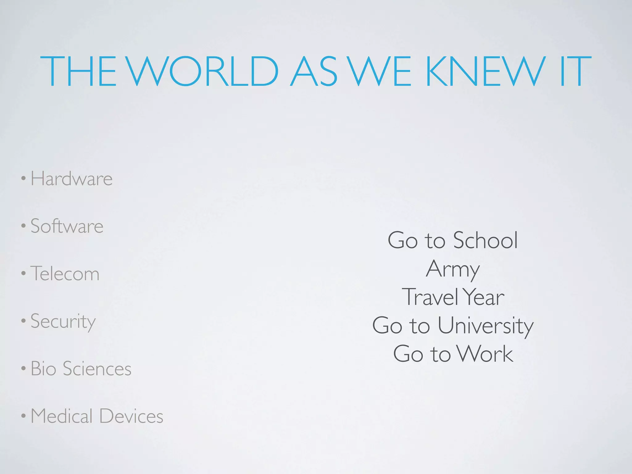 THE WORLD AS WE KNEW IT

• Hardware

• Software
                        Go to School
• Telecom                   Army
                         Travel Year
• Security             Go to University
• Bio
                        Go to Work
        Sciences

• Medical    Devices
 