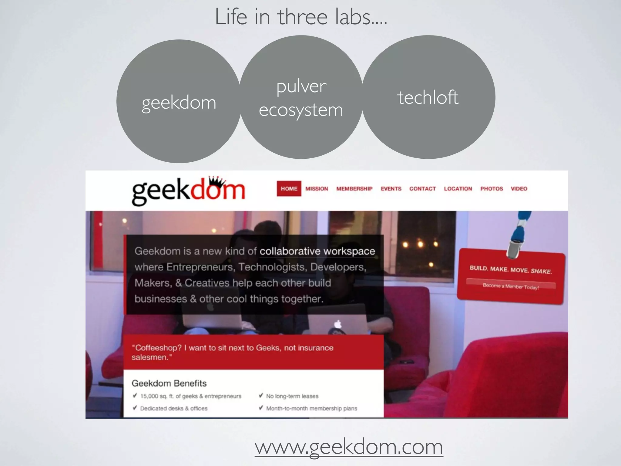 Life in three labs....

             pulver
geekdom                        techloft
           ecosystem




           www.geekdom.com
 