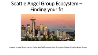 Seattle Angel Group Ecosystem –
Finding your fit
Created by local Angel Investor Elaine Werffeli from data directly reported by participating Angel Groups
 