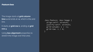 .box-feature .box-image {
align-self: stretch;
justify-self: stretch;
grid-column: 1 / -1;
grid-row: 1 / 4;
}
Feature box
The image starts at grid column  
line 1 and ends at -1, which is the end
line.
It starts at grid row 1, ending at grid
row 4.
Using box alignment properties to
stretch the image over that area.
 
