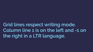 Grid lines respect writing mode.
Column line 1 is on the left and -1 on
the right in a LTR language.
 