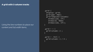 .grid {
display: grid;
grid-gap: 20px;
grid-template-columns:
minmax(1em, 1fr)
minmax(0, 40em)
minmax(1em, 1fr);
}
.grid > * {
grid-column: 2 ;
}
.grid > .full {
grid-column: 1 / 4 ;
}
A grid with 3 column tracks
Using the line numbers to place our
content and full width items.
 