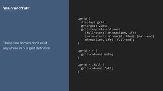 .grid {
display: grid;
grid-gap: 20px;
grid-template-columns:
[full-start] minmax(1em, 1fr)
[main-start] minmax(0, 40em) [main-end]
minmax(1em, 1fr) [full-end];
}
.grid > * {
grid-column: main;
}
.grid > .full {
grid-column: full;
}
‘main’and‘full’
These line names don’t exist
anywhere in our grid deﬁnition.
 