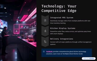 Technology: Your
Competitive Edge
Integrated POS System
Seamlessly manage orders from multiple platforms with real-
time inventory tracking
Kitchen Display Systems
Streamline order flow, reduce errors, and optimize prep times
with smart displays
Delivery Integrations
Connect with all major platforms through unified management
systems
TechRyde provides comprehensive ghost kitchen technology
solutions. Learn more at TechRyde Ghost Kitchen Guide
 